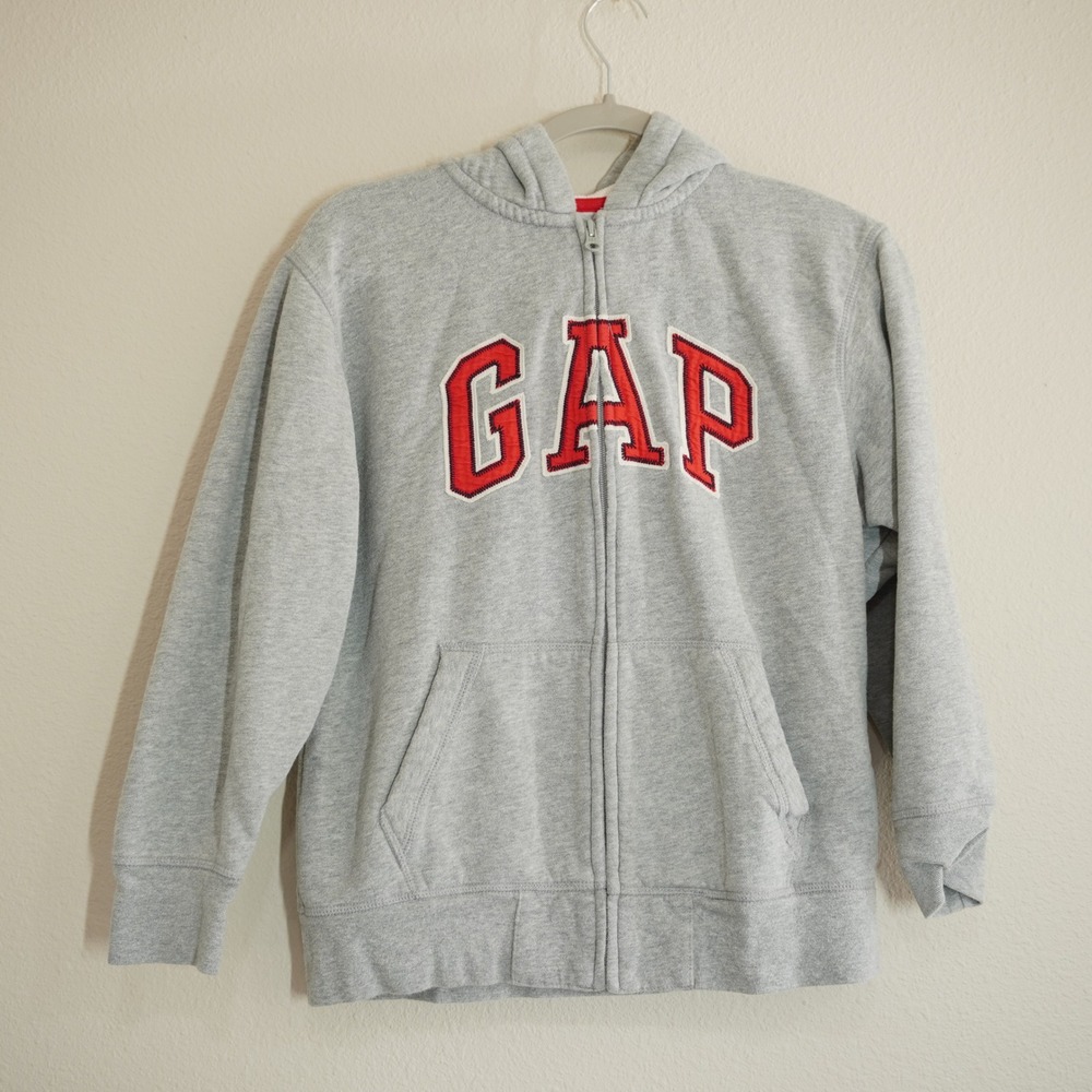 GapKids Boys XL 12 Heather Gray Red Logo Full Zip Fleece Hoodie Sweatshirt
